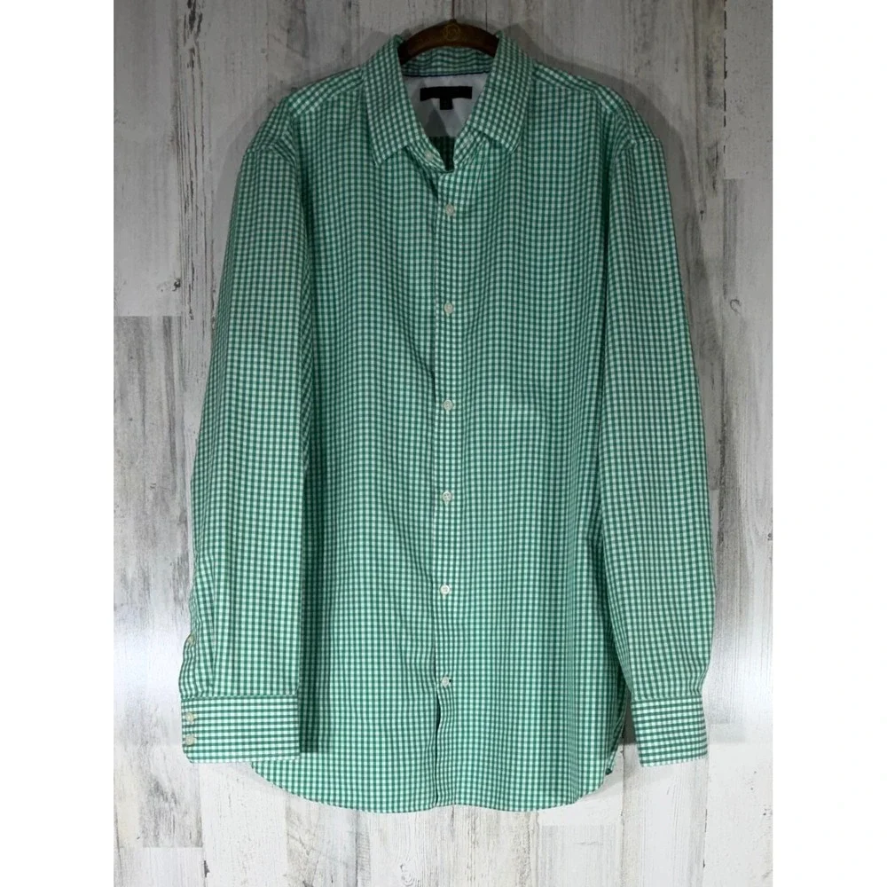 Banana‎ Republic Button Up Shirt Green Gingham Non-Iron Slim Fit Cotton READ